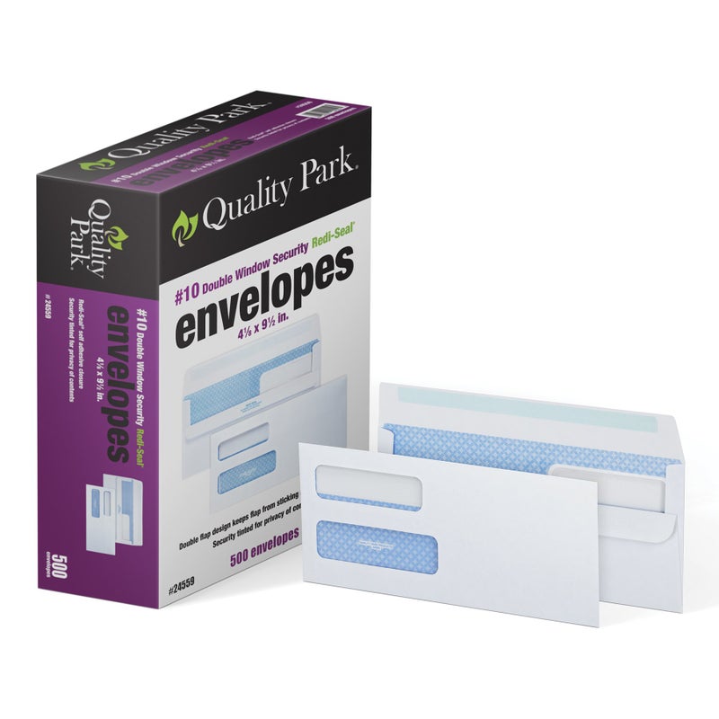 Quality Park #10 Double-Window Self-Seal Security Envelopes, For Business Statements, Invoices, 4-1/8" x 9-1/2", White, 24-lb, 500 Per Box (QUA24559) (24559) - Image 1